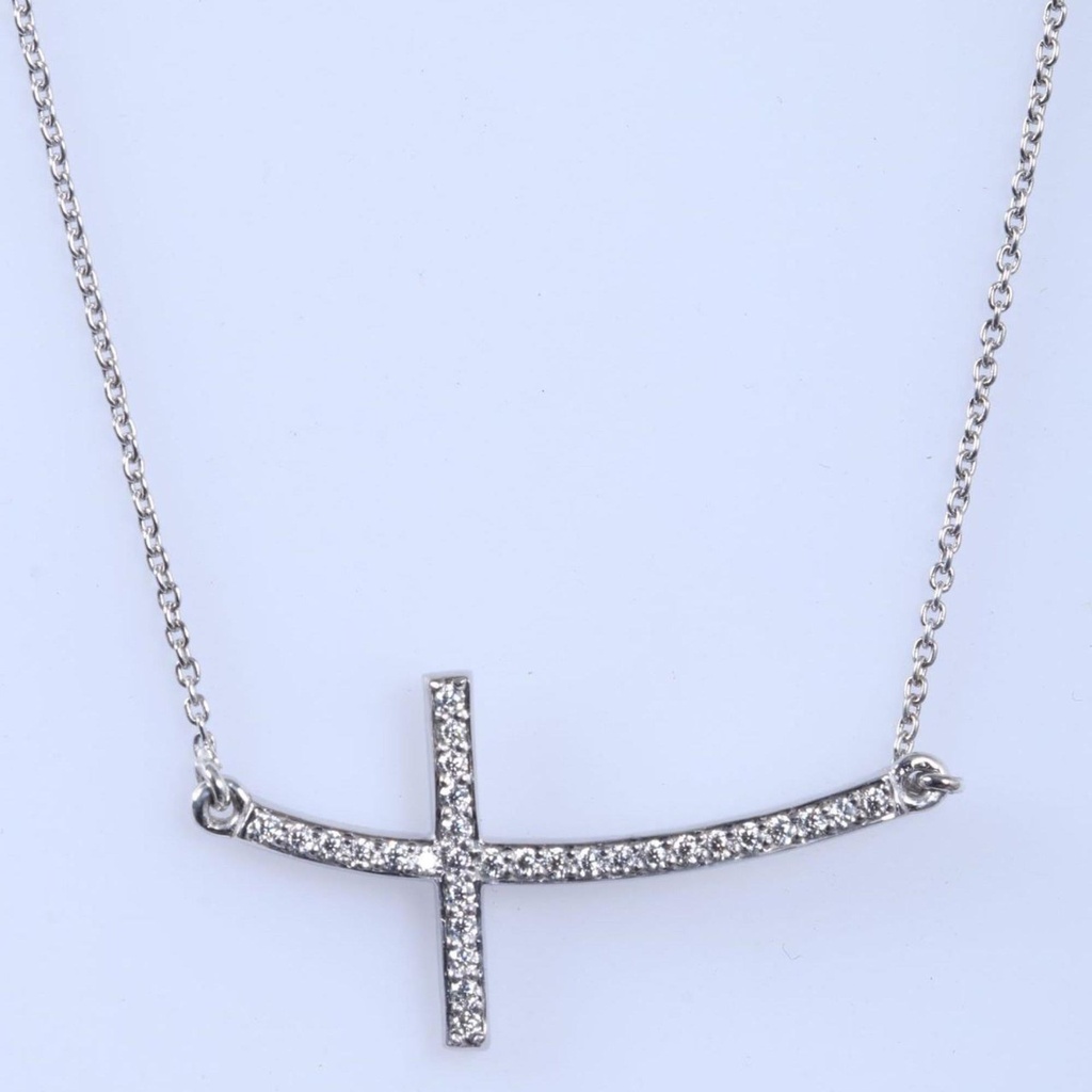  Round Brilliant Shape White  Diamond 925 Sterling Silver Sideways Cross Pendant Necklace