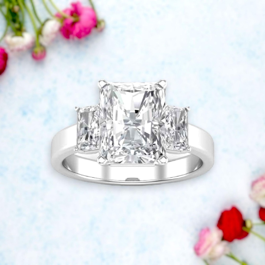 3 Stone Radiant Cut White Moissanite In 925 Sterling Silver Ring For Women's Engagement