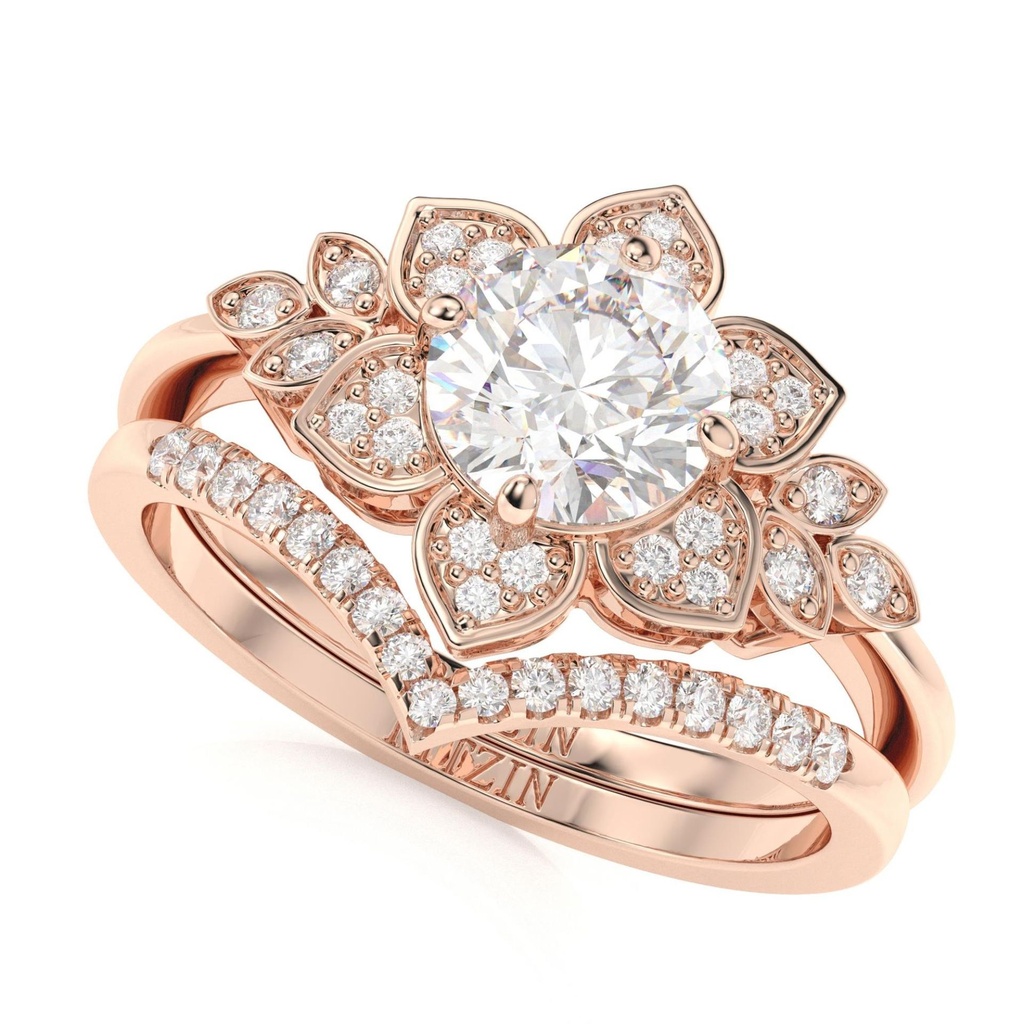 Floral Engagement ring set Women, Halo ring Solid Yellow Flower Ring, V Shape Wedding ring ,Handmade Jewelry