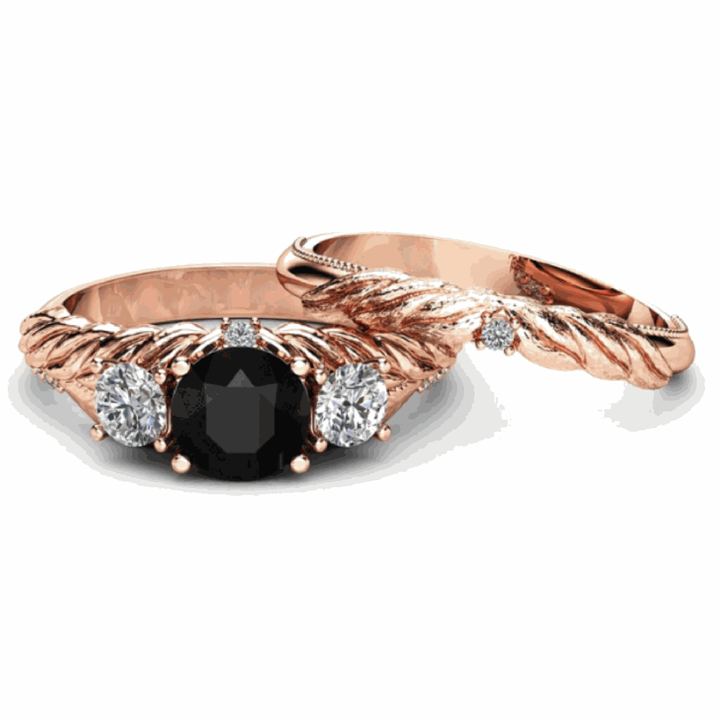 Round Cut Rope Design Black And White Diamond Bridal Set Ring