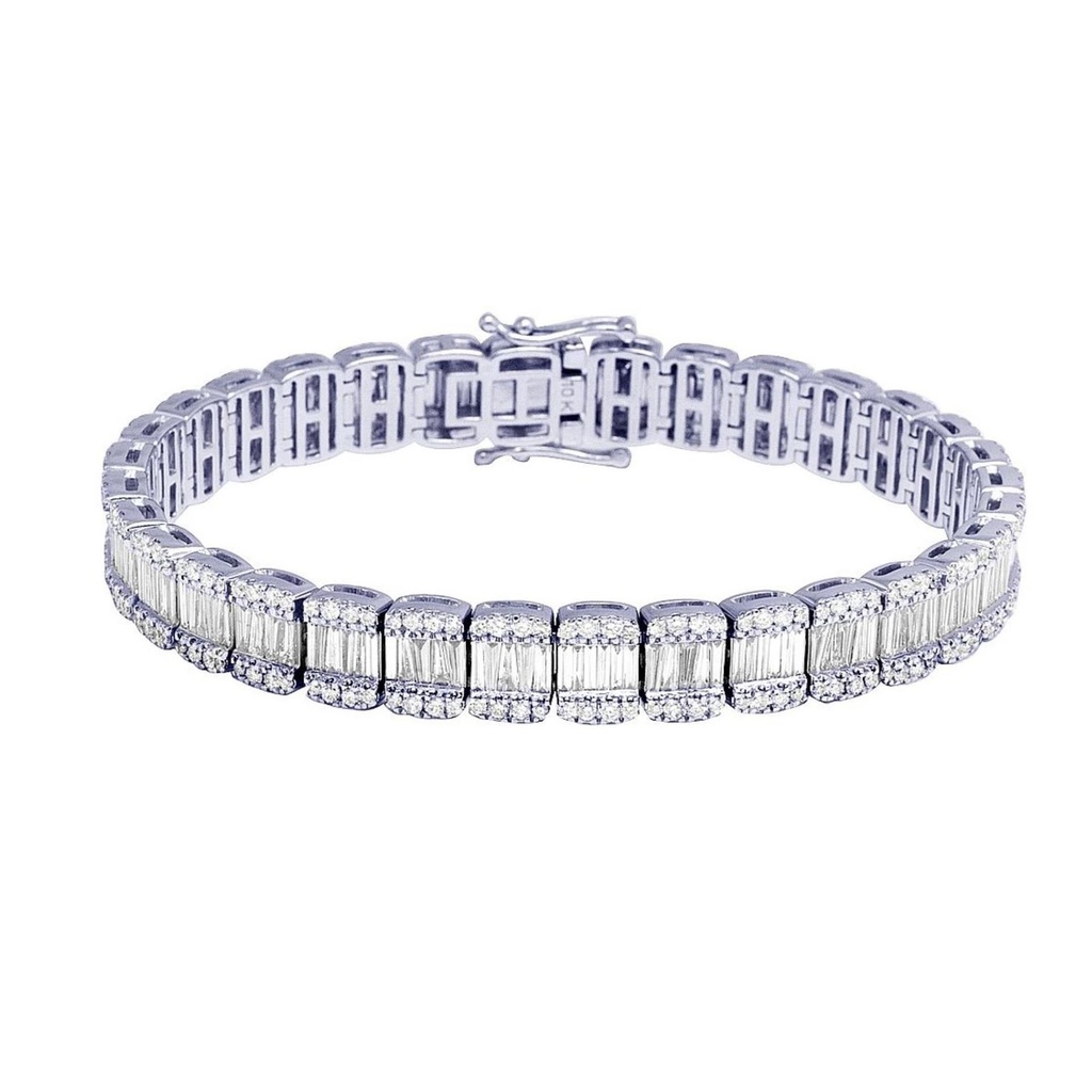 Baguette & Round Diamond Tennis Hip Hop Bracelet, Sterling SilverPlated Gold Diamond Bracelet For Birthday Gift