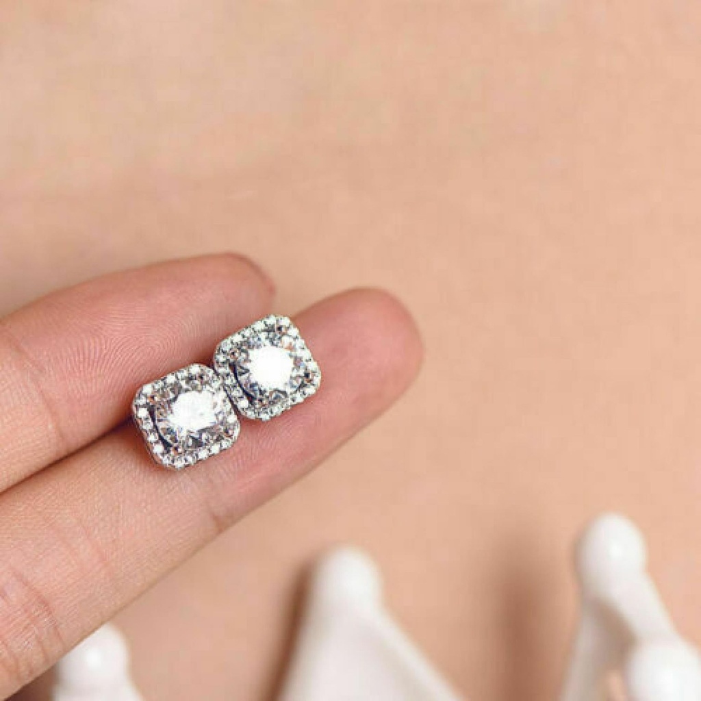 Round Diamond Halo Style Stud Earrings For Women