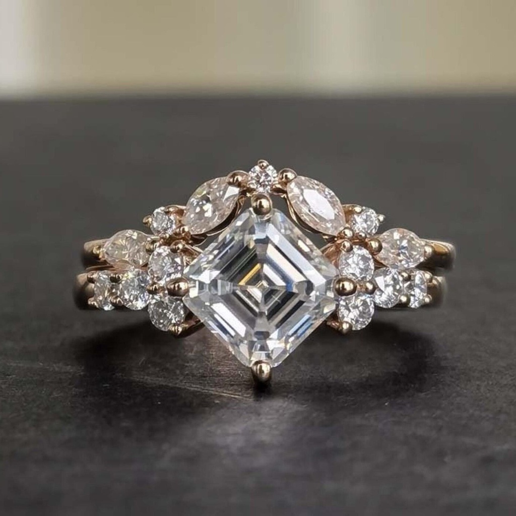  Asscher Cut Diamond Vintage Bridal Ring Set Women