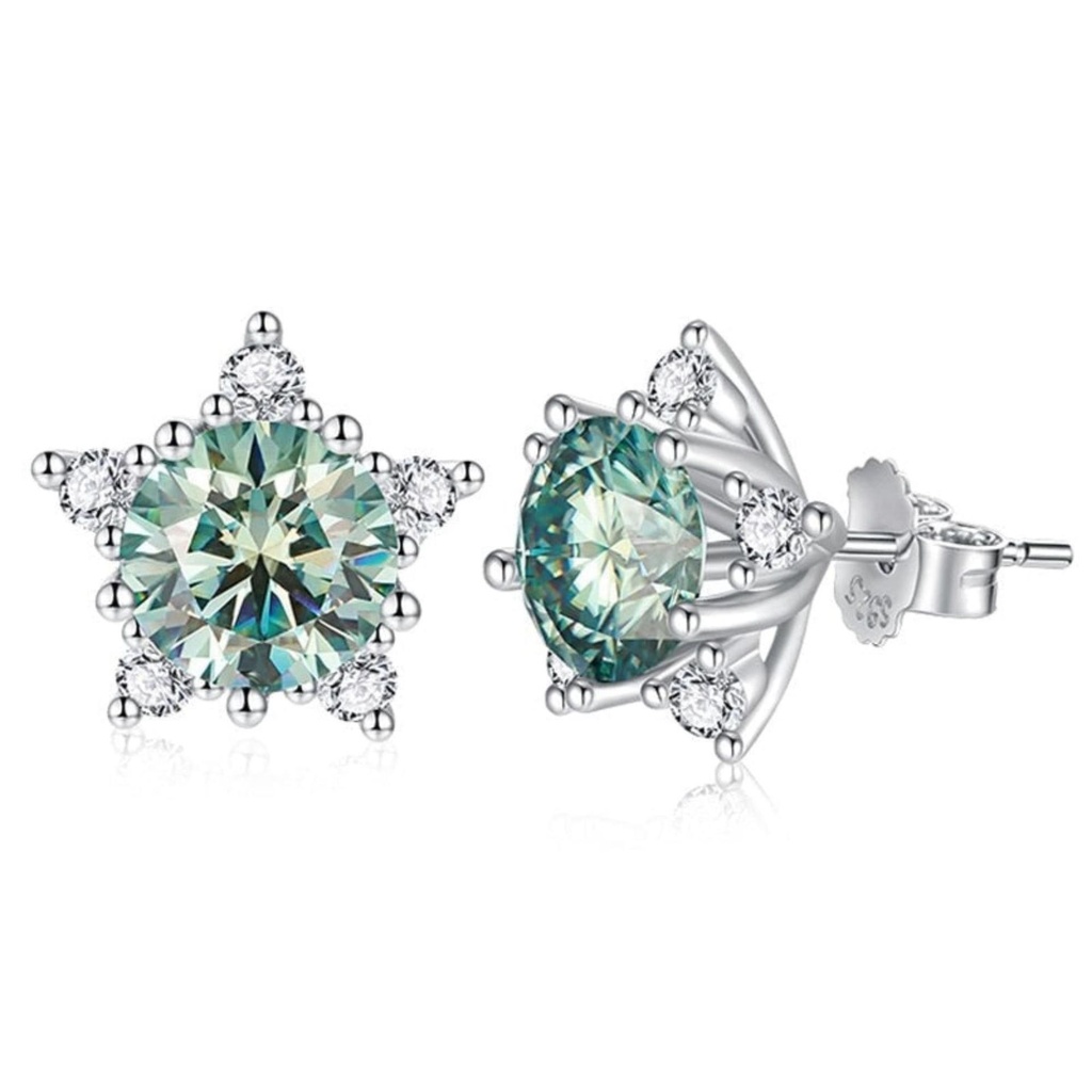 Green Round Cut Diamond Floral Style Stud Earrings For Women