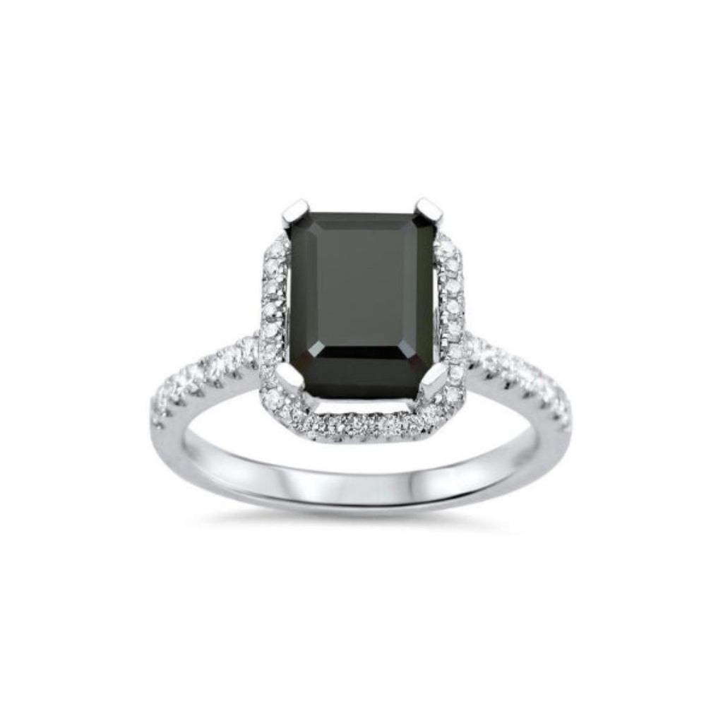 Emerald Cut Diamond Halo Prong Set Black And White Diamond Ring For Women