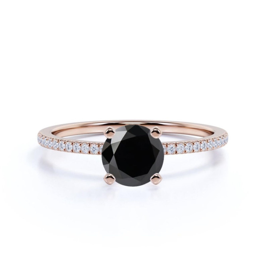 Round Cut Prong Setting Black And White Diamond Ring With Accents For Women