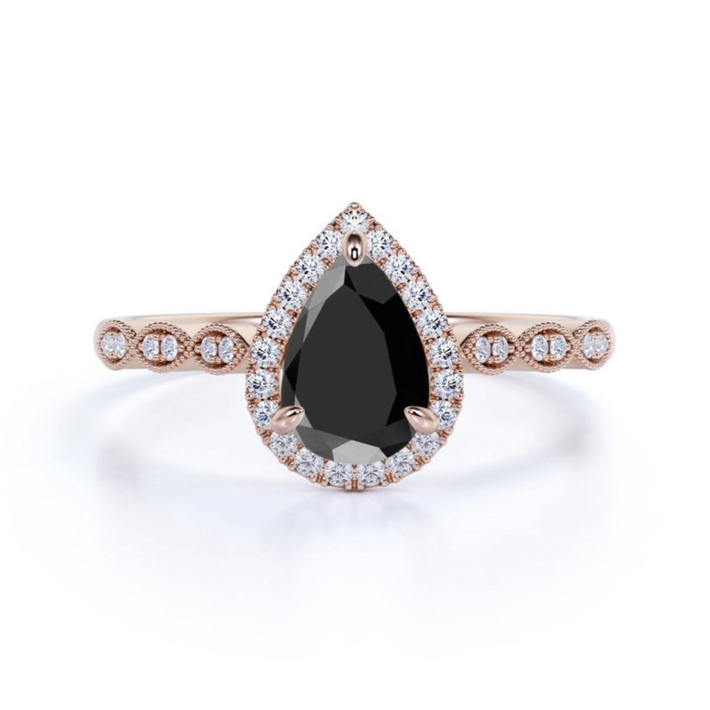 Black Pear And Round Cut Halo Engagement Ring For Women