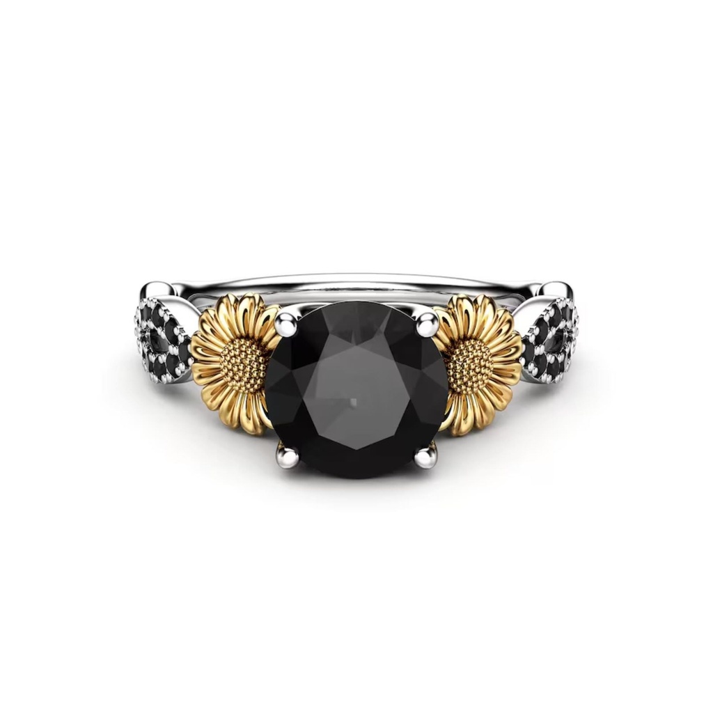  Black Round Cut Diamond Sunflower Two Tone Engagement  Ring For Women
