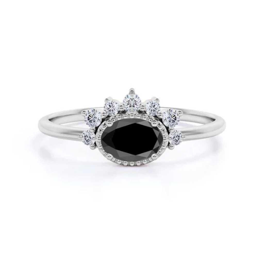  Black Oval Cut Diamond Half Halo Unique Style Black And White Diamond Ring for Women