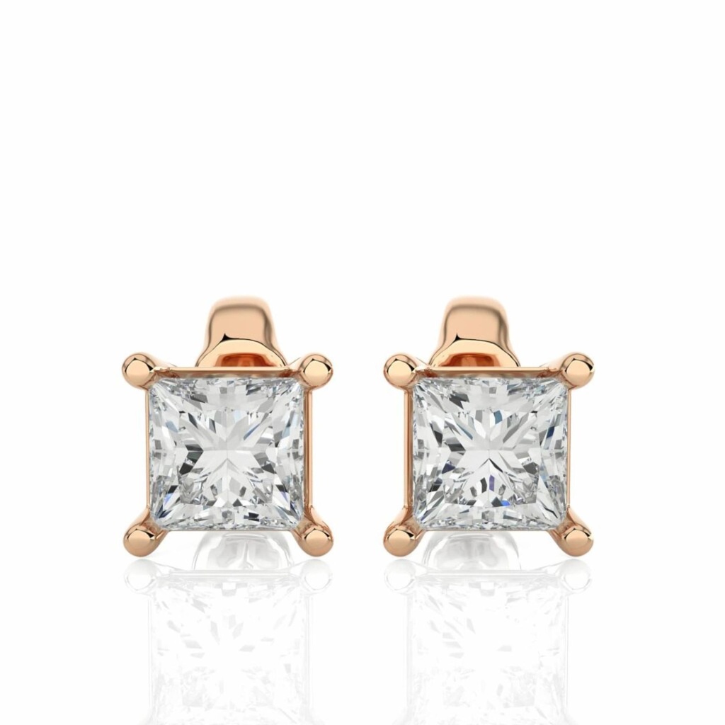  Princess Cut 4 Prong Set Solitaire Stud Earrings For Women