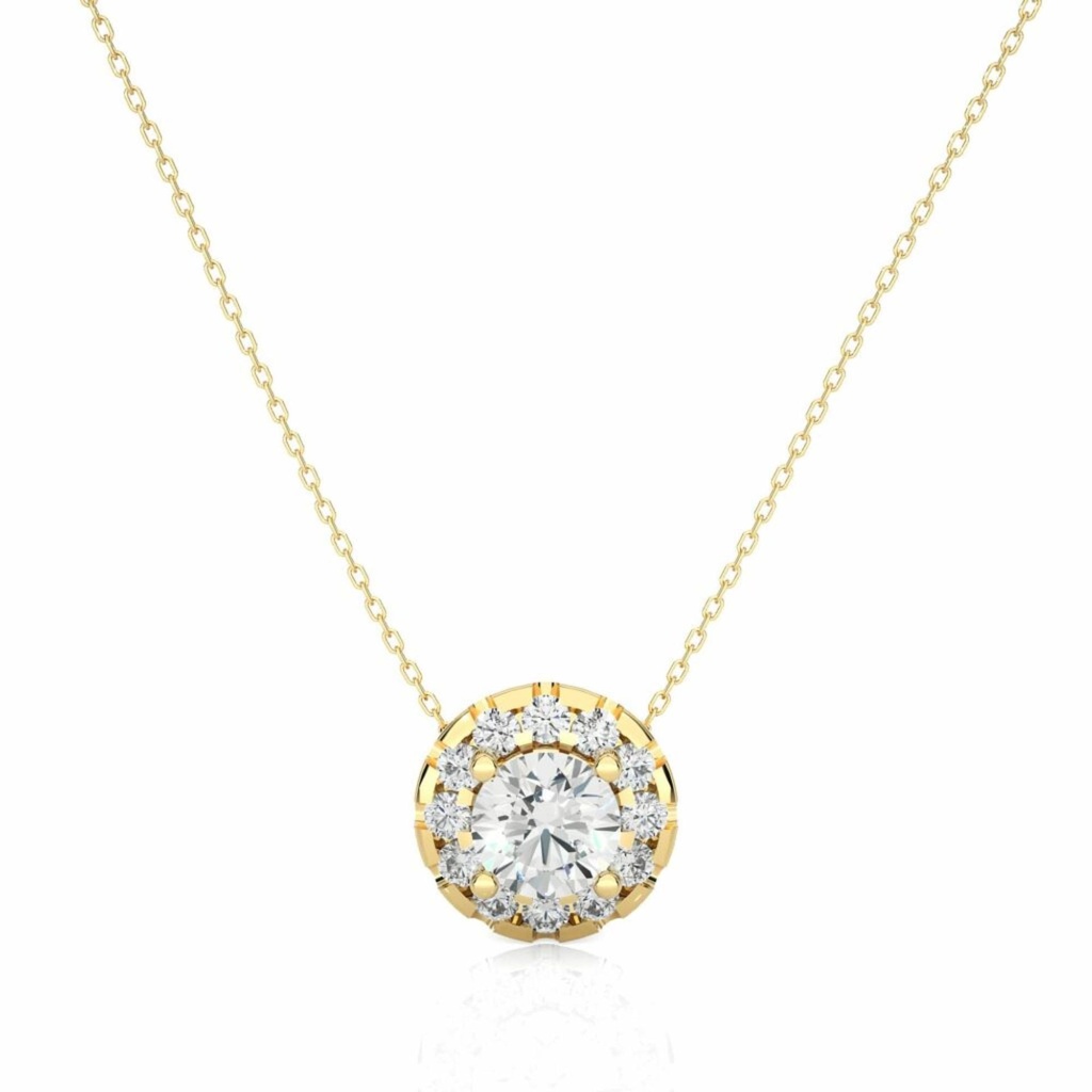 Round Cut Diamond Shaped 4 Prong Set Halo Pendant  For Women