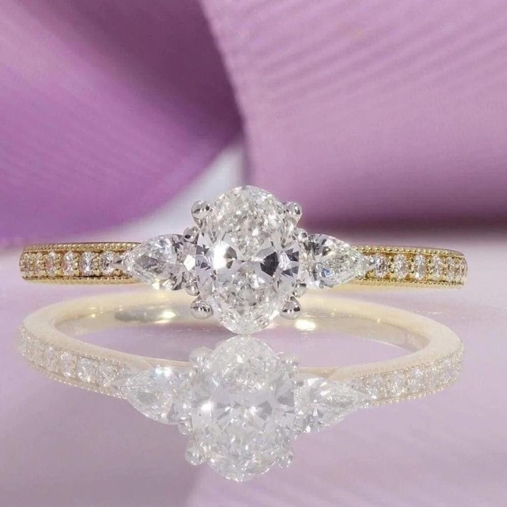 Oval & Pear Moissanite Engagement Ring, Oval Cut Wedding Ring, Multi Stone Ring, Three Stone Ring, Trilogy Proposal Engagement Ring for Her