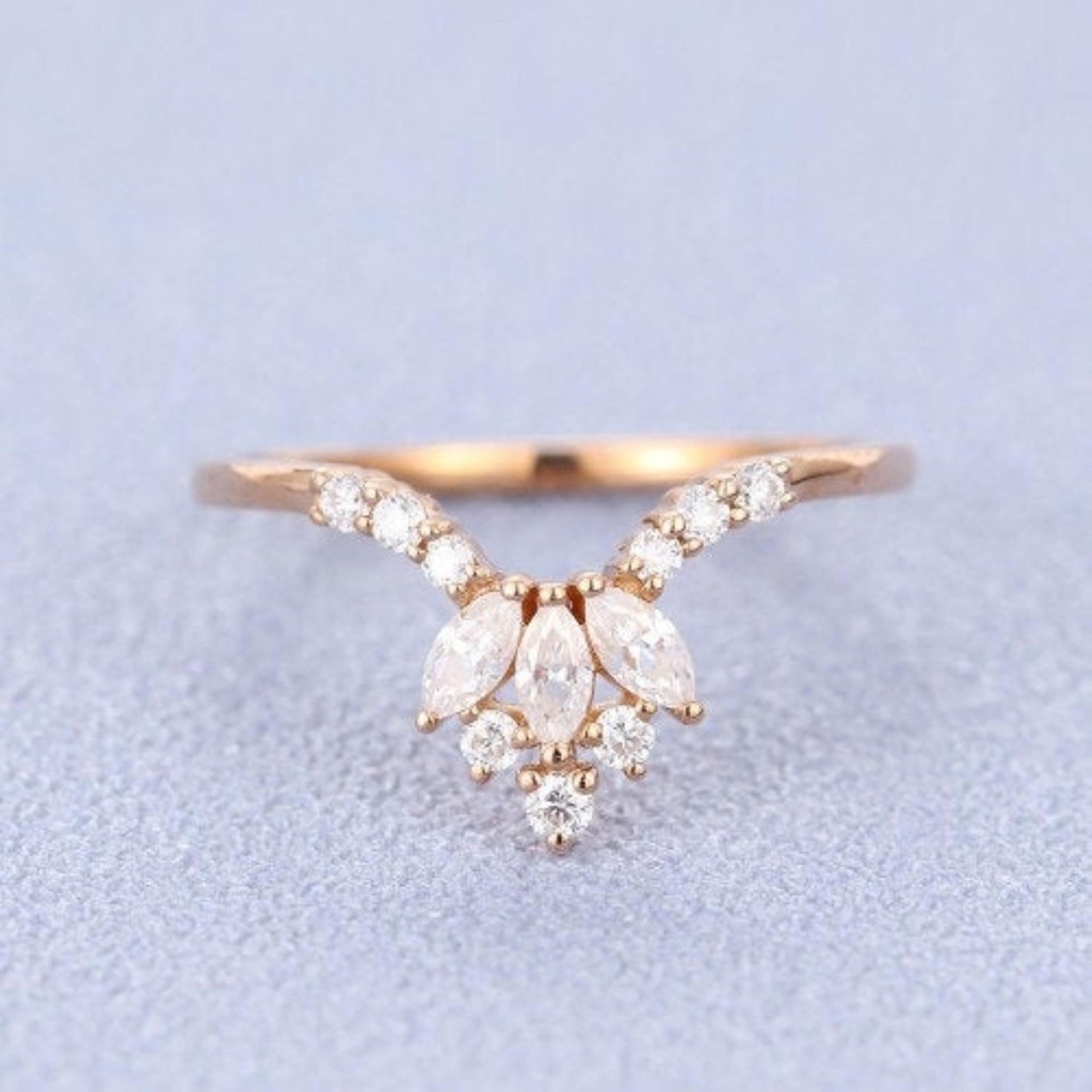 Unique wedding band women Solid rose gold wedding band vintage Marquise Stacking ring antique matching band 