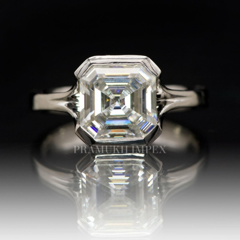 Asscher Cut Fold Half Bezel  Engagement Ring, 14K White Gold ring, promise ring, Unique Design Man Made Diamond Wedding Ring