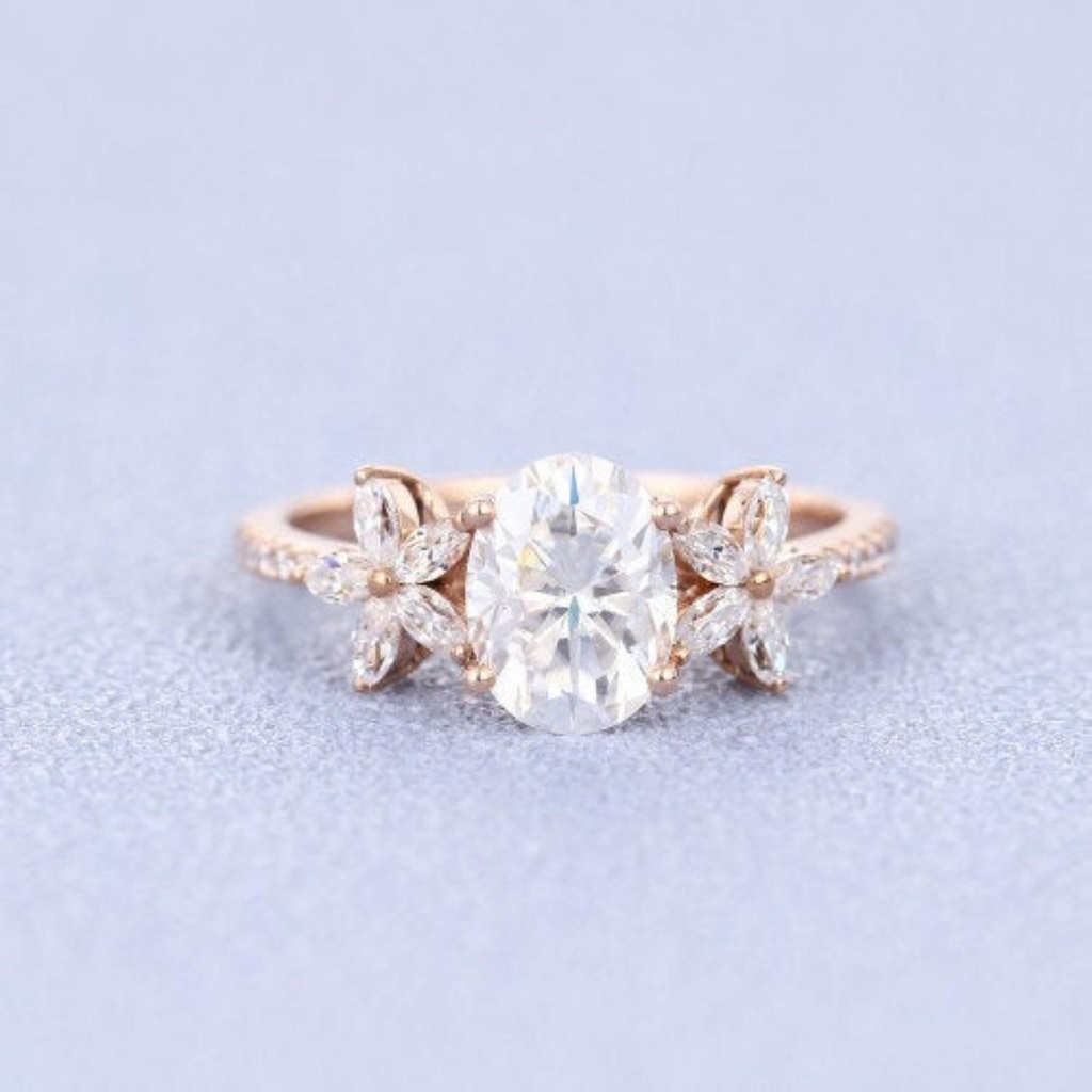 Moissanite Engagement Ring Rose Gold Bridal Art Deco Marquise Wedding Band Women Diamond Ring Half Eternity Antique Ring Oval Cut