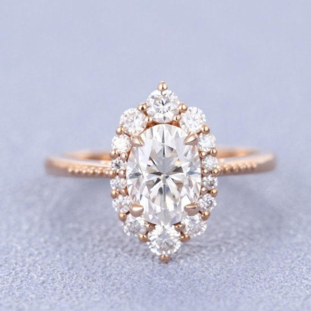 Moissanite engagement ring Rose gold Unique Halo Diamond Flower ring vintage Round Antique wedding Bridal Anniversary Gift for women 