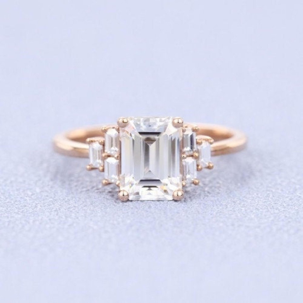 Emerald cut Moissanite Engagement ring Rose gold Vintage Unique engagement ring Simple Baguette wedding for women Promise anniversary gift