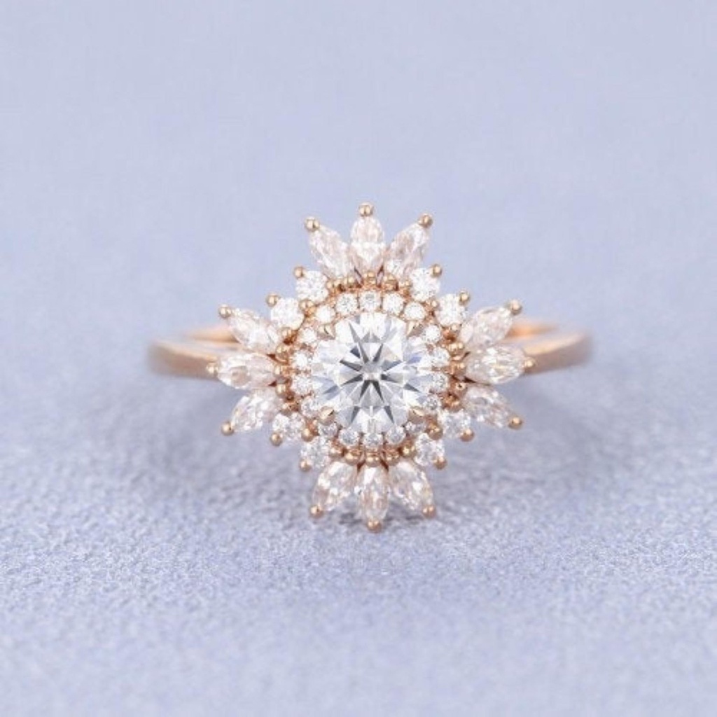Vintage engagement ring rose gold halo diamond Round and Marquise moissanite Forever One ring Antique wedding Anniversary ring