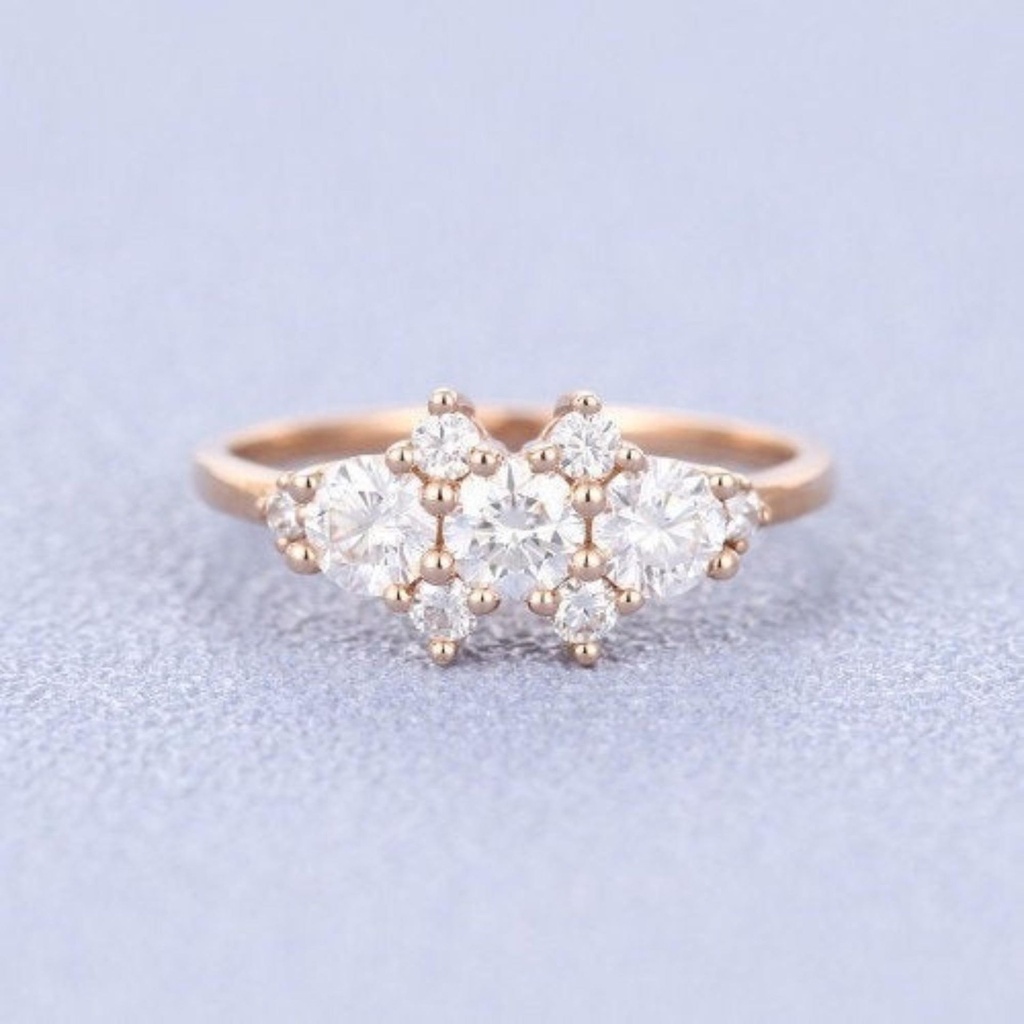 Round Brilliant Vintage Rose Gold Cluster Moissanite Engagement Ring for Women Handmade Unique Diamond Wedding Anniversary Jewellery Gift