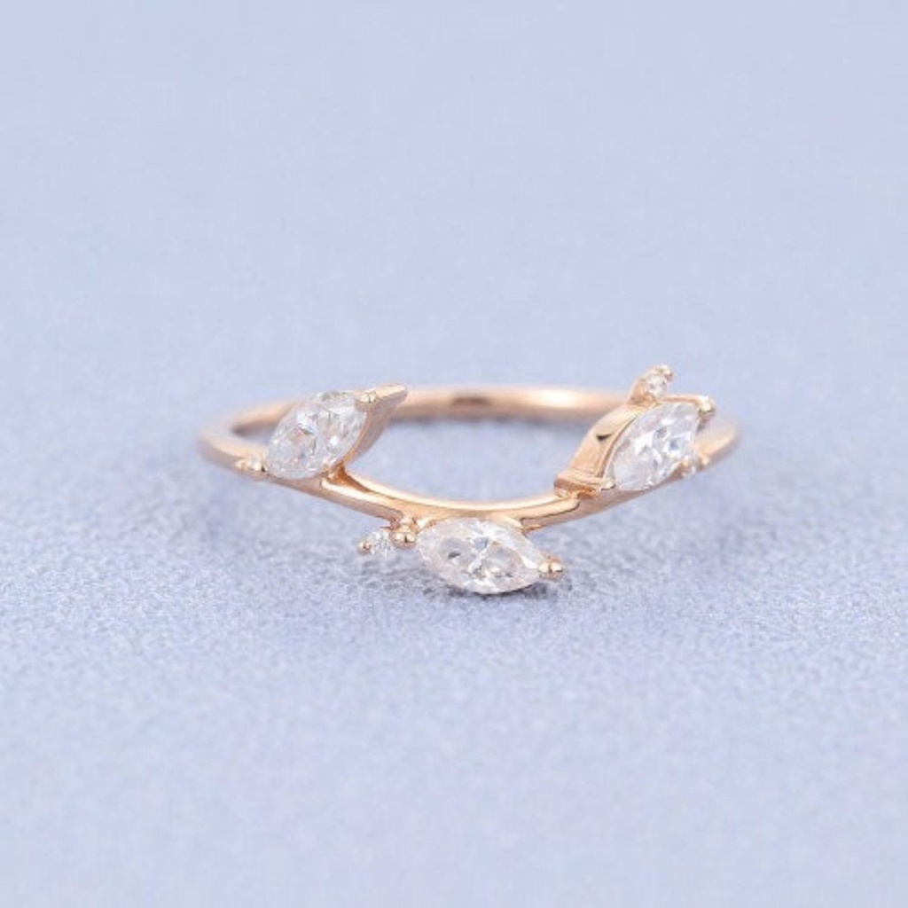 Curved wedding band rose gold vintage wedding band women Unique Marquise cut Moissanite Cluster ring stacking matching Bridal Promise gift