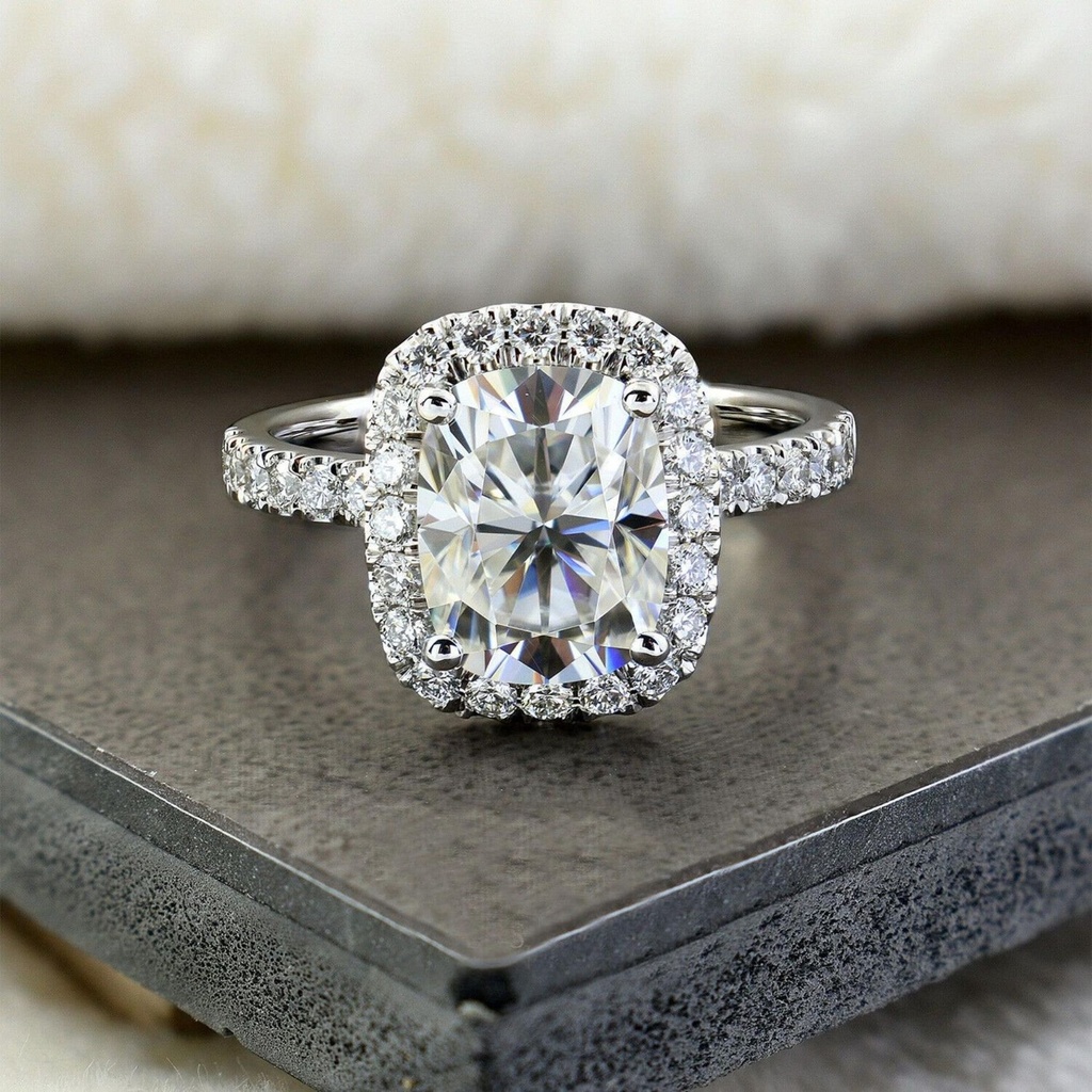 Moissanite Halo Engagement Ring Elongated Cushion Cut 