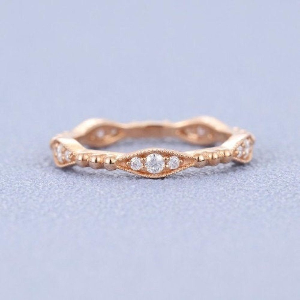 Unique wedding band women round cut moissanite Rose Gold vintage Unique antique Bridal Stacking Matching band Bridal