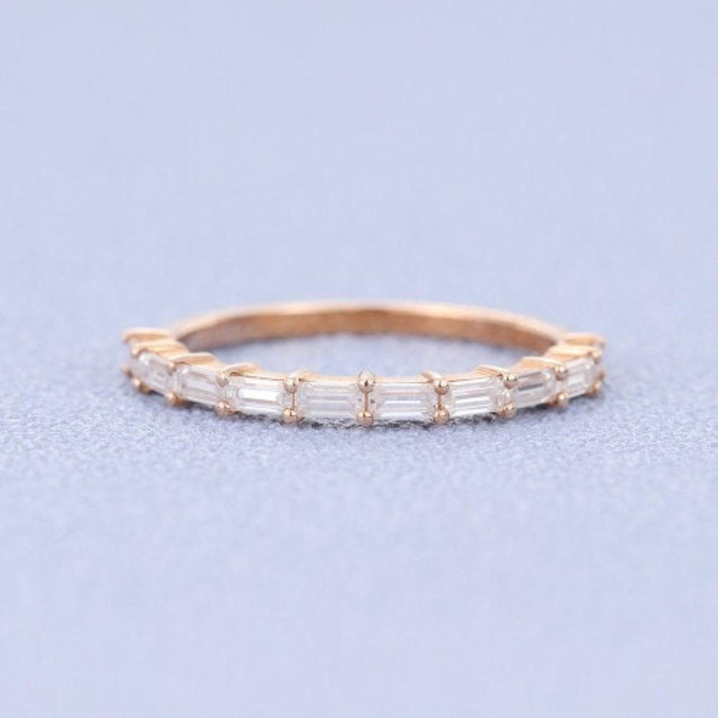Rose gold wedding band vintage Baguette cut Moissanite wedding band women Half eternity Stacking Matching bridal promise gift