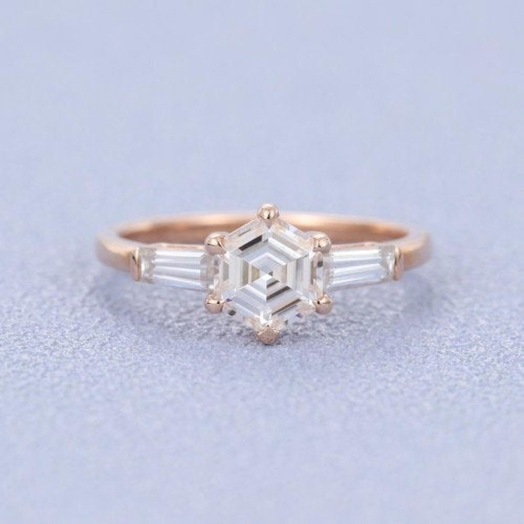 Unique Hexagon moissanite engagement ring vintage rose gold ring baguette ring wedding ring Anniversary promise ring Crismistmas