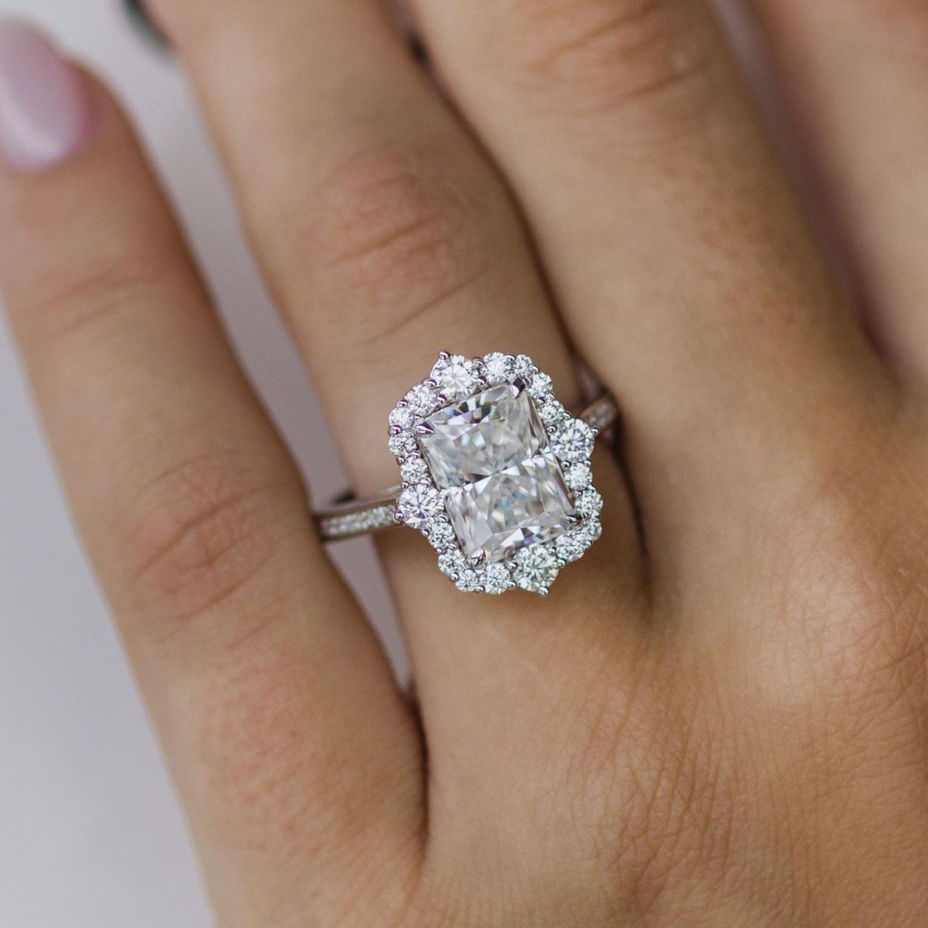 Radiant Cut Moissanite Engagement Ring White Gold Vintage Unique Ring women diamond wedding Anniversary Gift halo thin channel pave