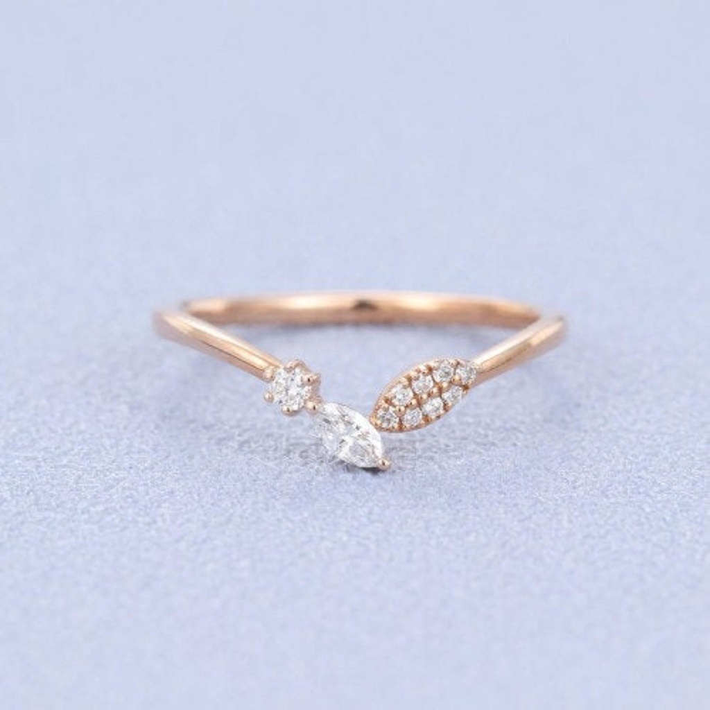 Rose gold vintage Unique Marquise cut Moissanite Curved wedding band ring set Silver Promise Engagement anniversary Surprise gift for women