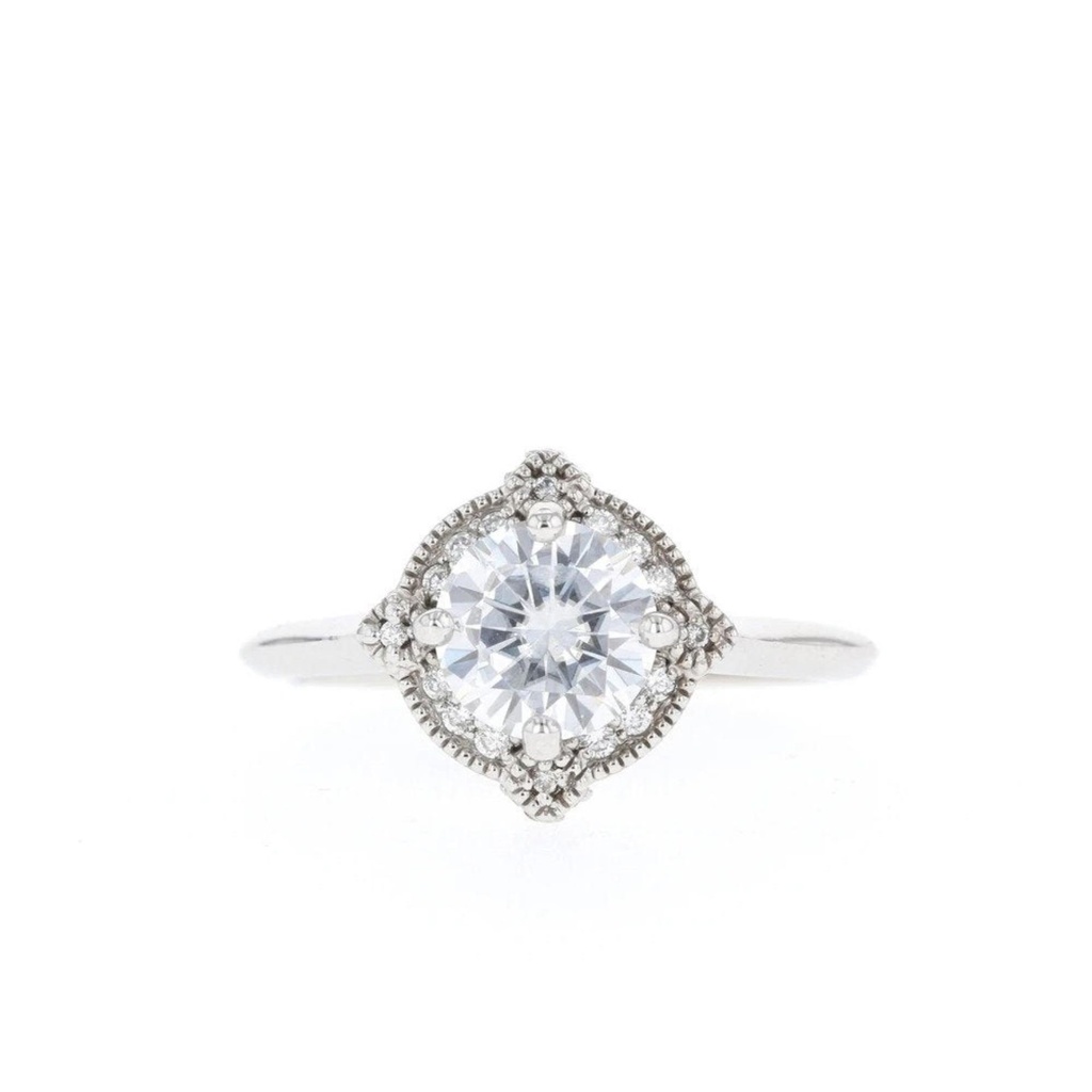 Round Moissanite Engagement Ring art deco Unique Pave Setting Under Halo Yellow Gold Bridal Collection Forever one anniversary gift