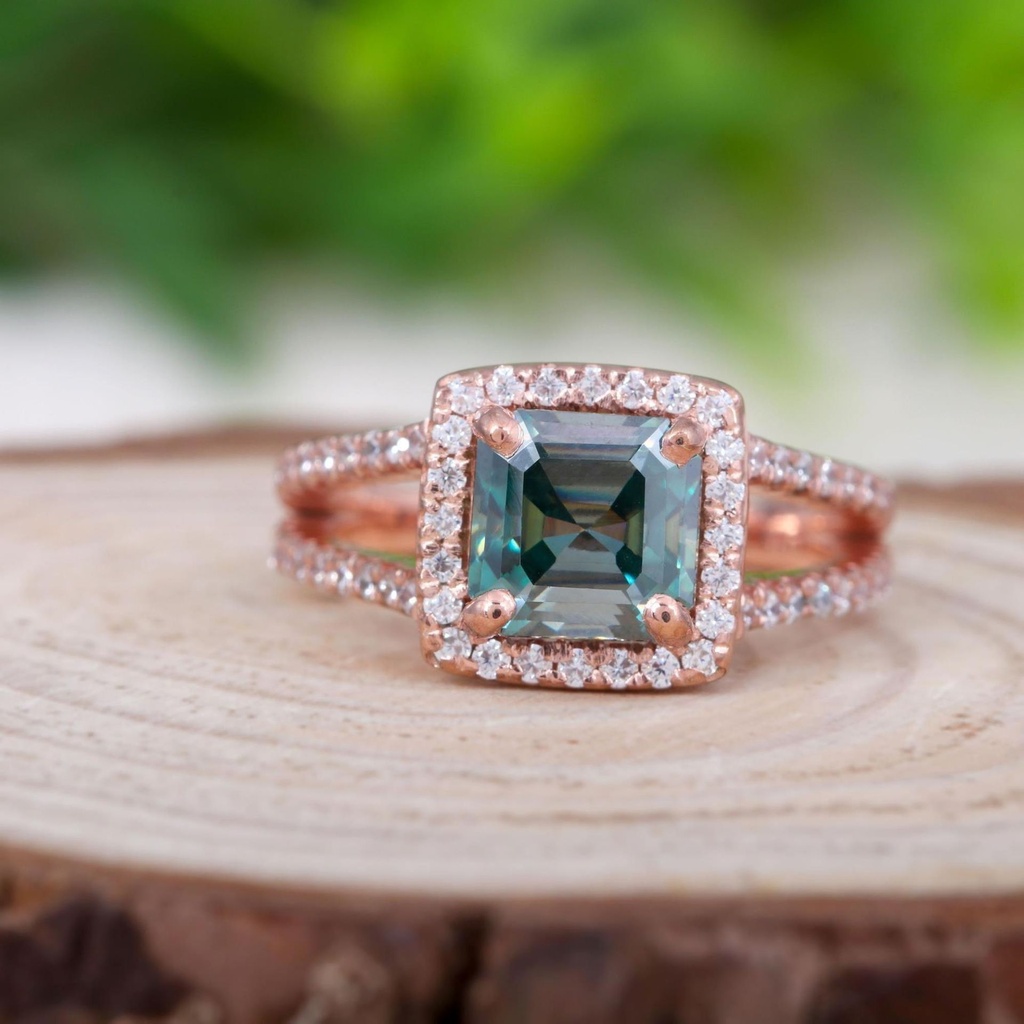 Green Asscher cut Diamond Halo Split Shank Anniversary Ring for Women