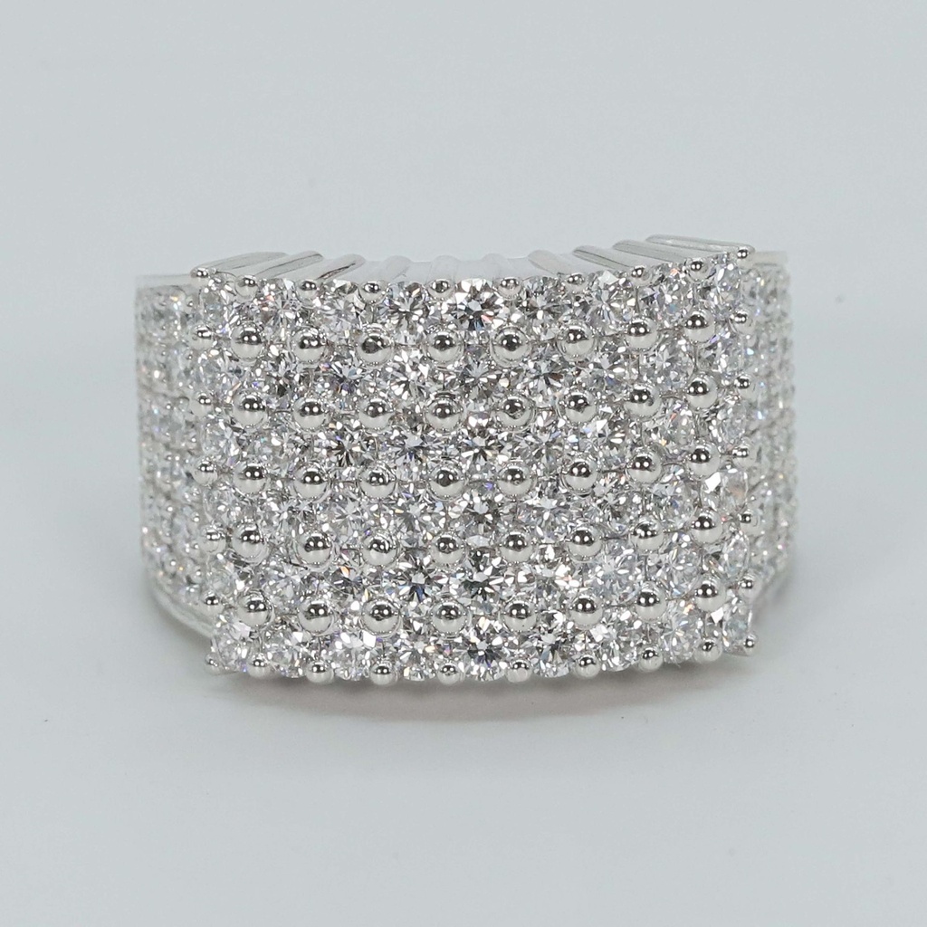 Evaluate our newly designed 14 kt white gold laboratory grown diamond hip hop ring exhibiting VVS clarity.