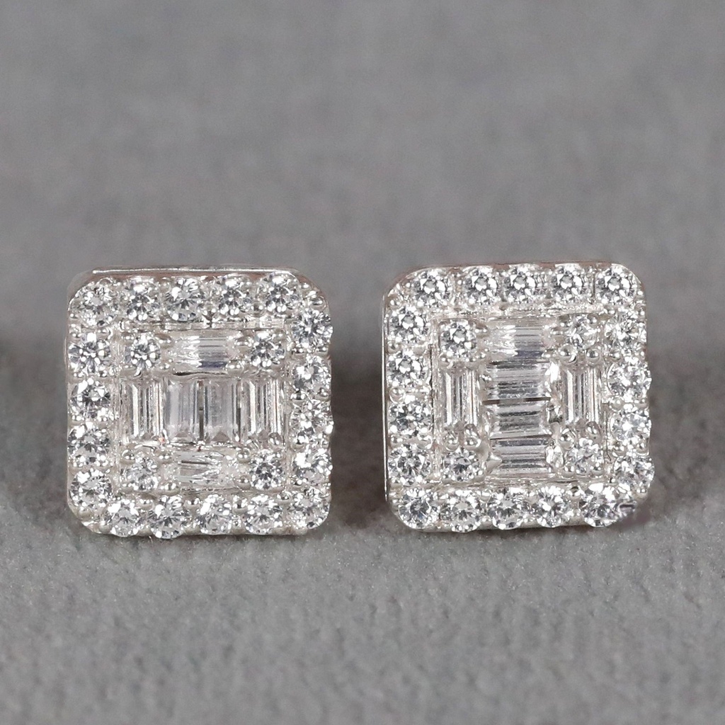 Beauty with graceful round and baguette cut diamond studded earring in 14 kt white gold for women wore at any occasion