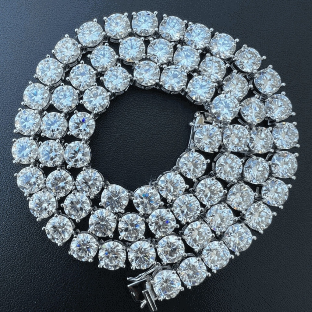 Round White VVS Diamond Big Tennis Chain, Sterling Silver 14K Gold Plated Hip Hop Cluster Tennis Chain Necklace