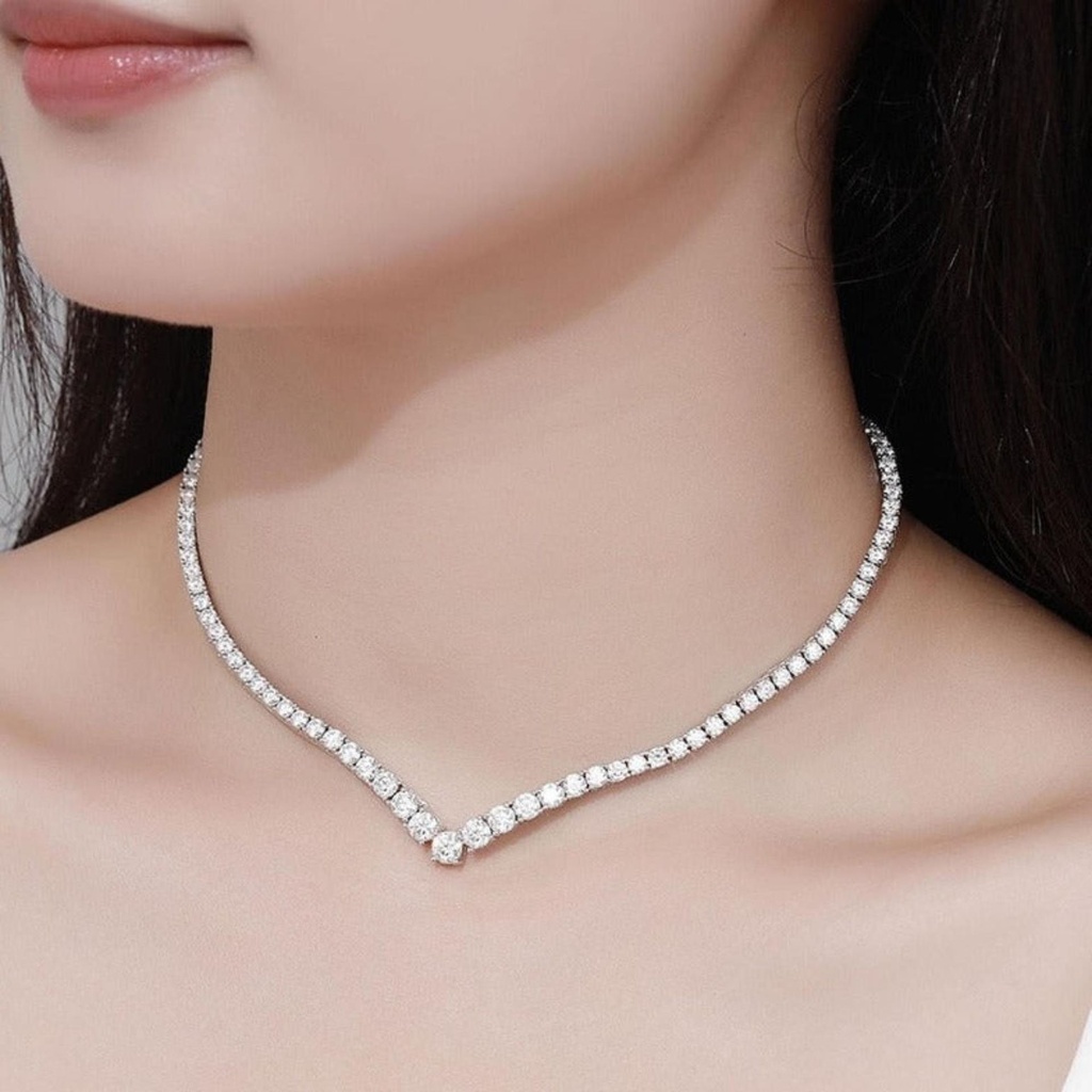 Genuine Tennis Necklace / 18K White Gold Plated Silver