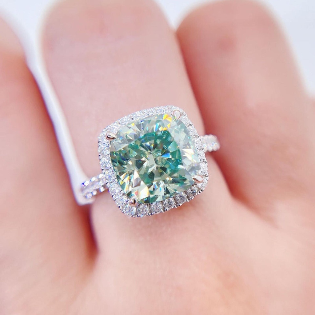 White Gold Halo Diamond Style Moissanite blue Diamond Ring