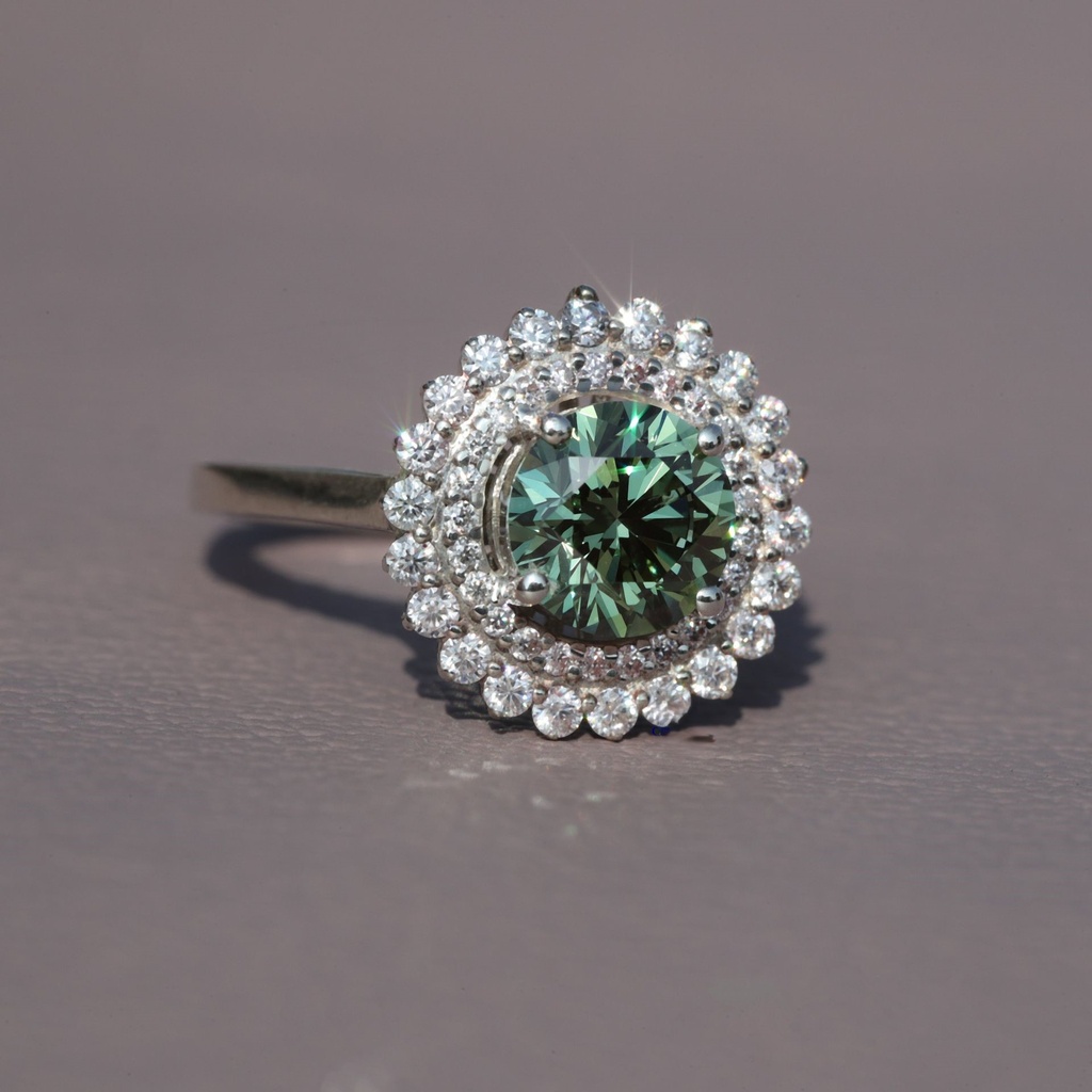 Green treated 14 kt lab grown solitaire diamond ring for women with VVS clarity diamonds