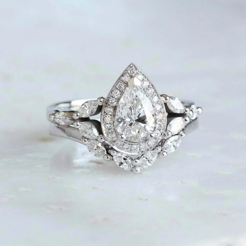 Pear Cut Diamond Halo Unique Style Bridal Set For Women