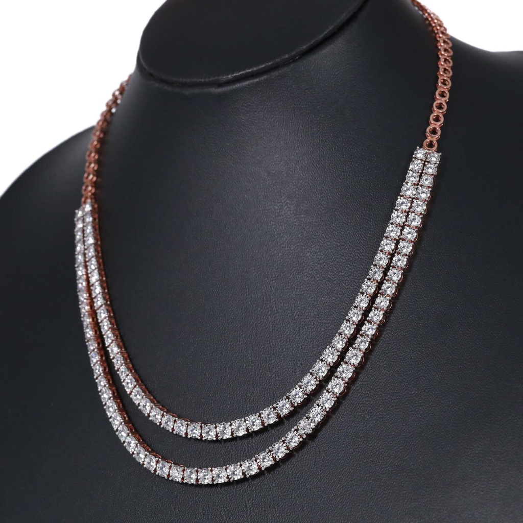 Wear this stylish neckline diamond necklace in 14 kt rose gold with lab created diamonds in vvs clarity