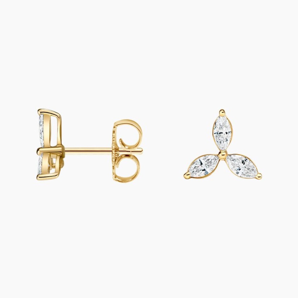 Marquise Cut Earrings for Women, Yellow Gold 3 Stone Stud Earrings, Gift for Her