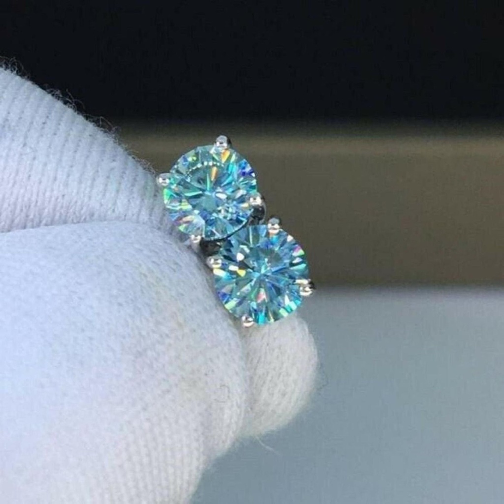 Blue Round Cut Diamond Stud Earrings For Women