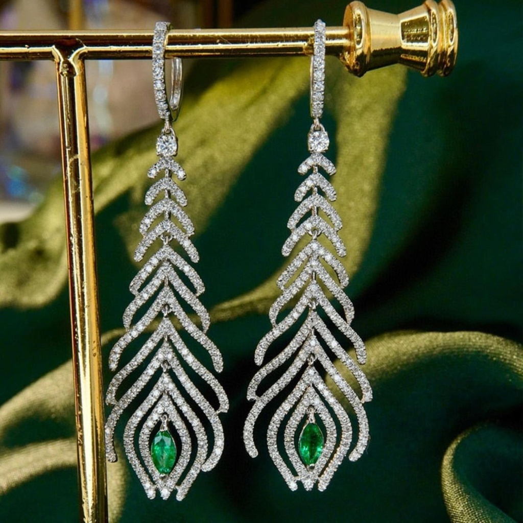 Round And Green Marquise Cut Diamond Big Earrings For Women