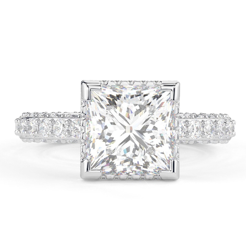  Princess Cut Diamond Hidden Halo 3 Row With Accents Engagement Ring For Women