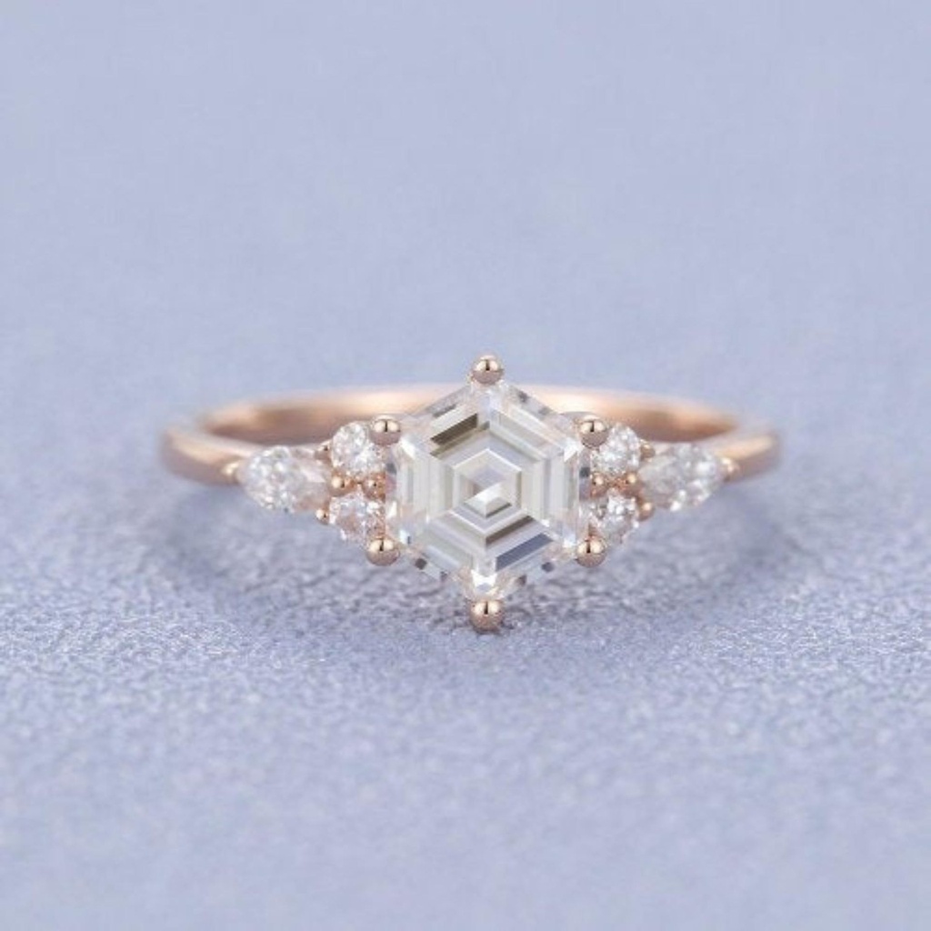 Hexagon  engagement ring vintage rose gold unique ring marquise art deco diamond wedding Anniversary promise Bridal Set on