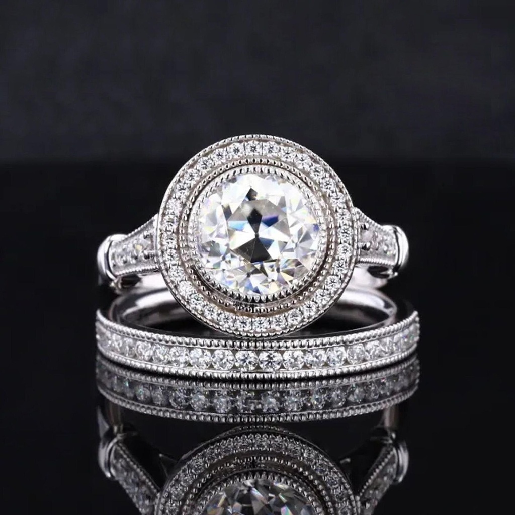 Artdeco Milgrain Bridal Set Ring, Vintage 1.5/2.25/2.75 Carat OEC Round Moissanite Halo Wedding Ring, 1/2 Eternity Channel Set Matching Band
