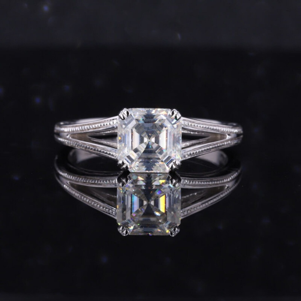 Asscher Solitaire Lab Created Diamond Engagement Ring in 14k White Gold | Engagement Ring Gold Band Asscher Diamond