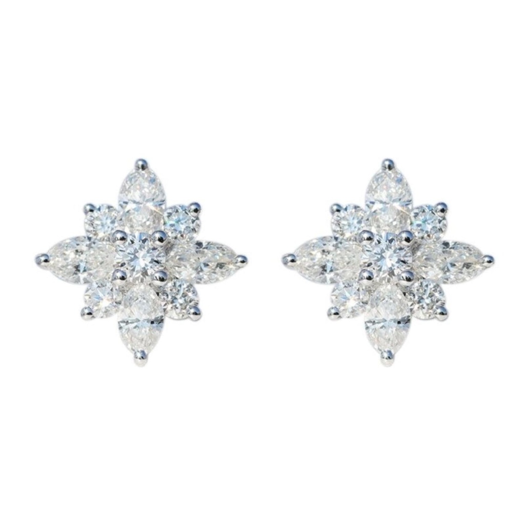 Round And Marquise Cut Diamond Floral Stud Earrings  For Women 