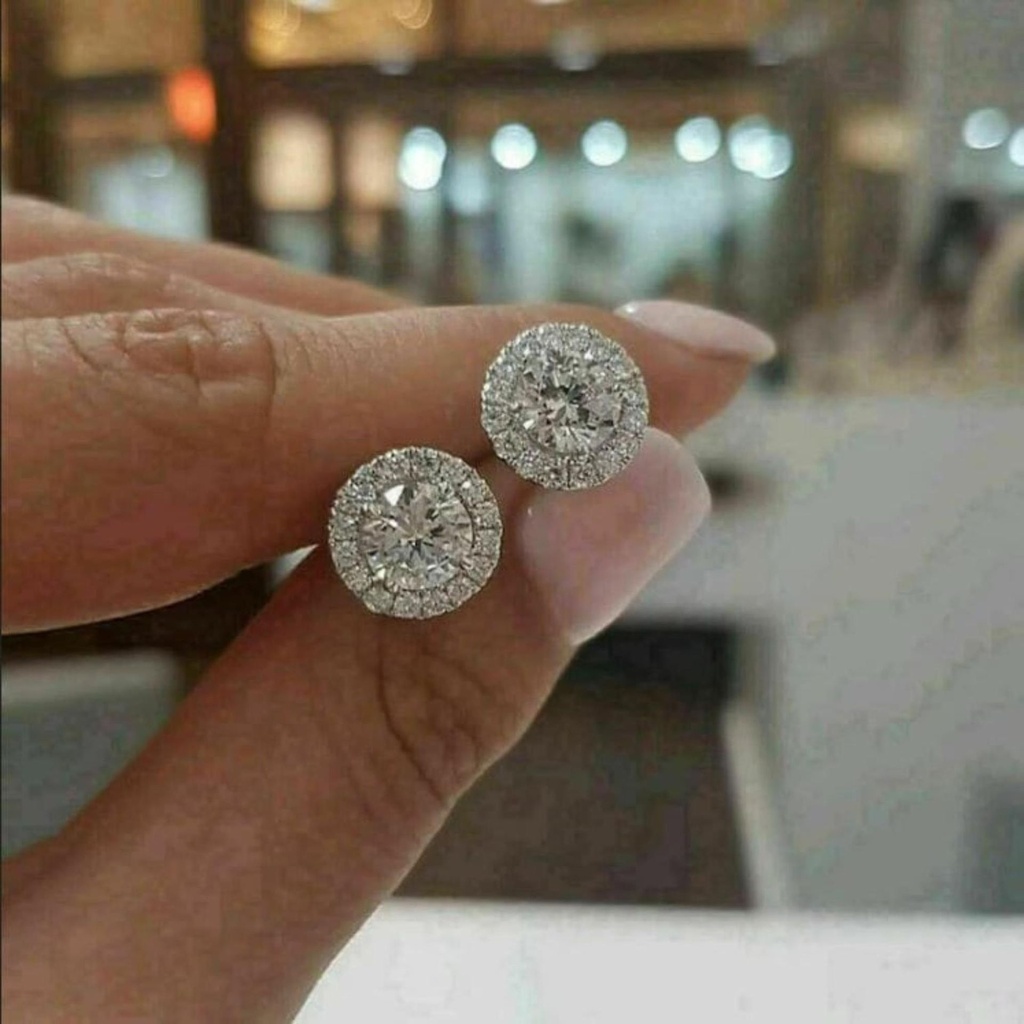 Round Cut Diamond Halo Stud Earrings For Women
