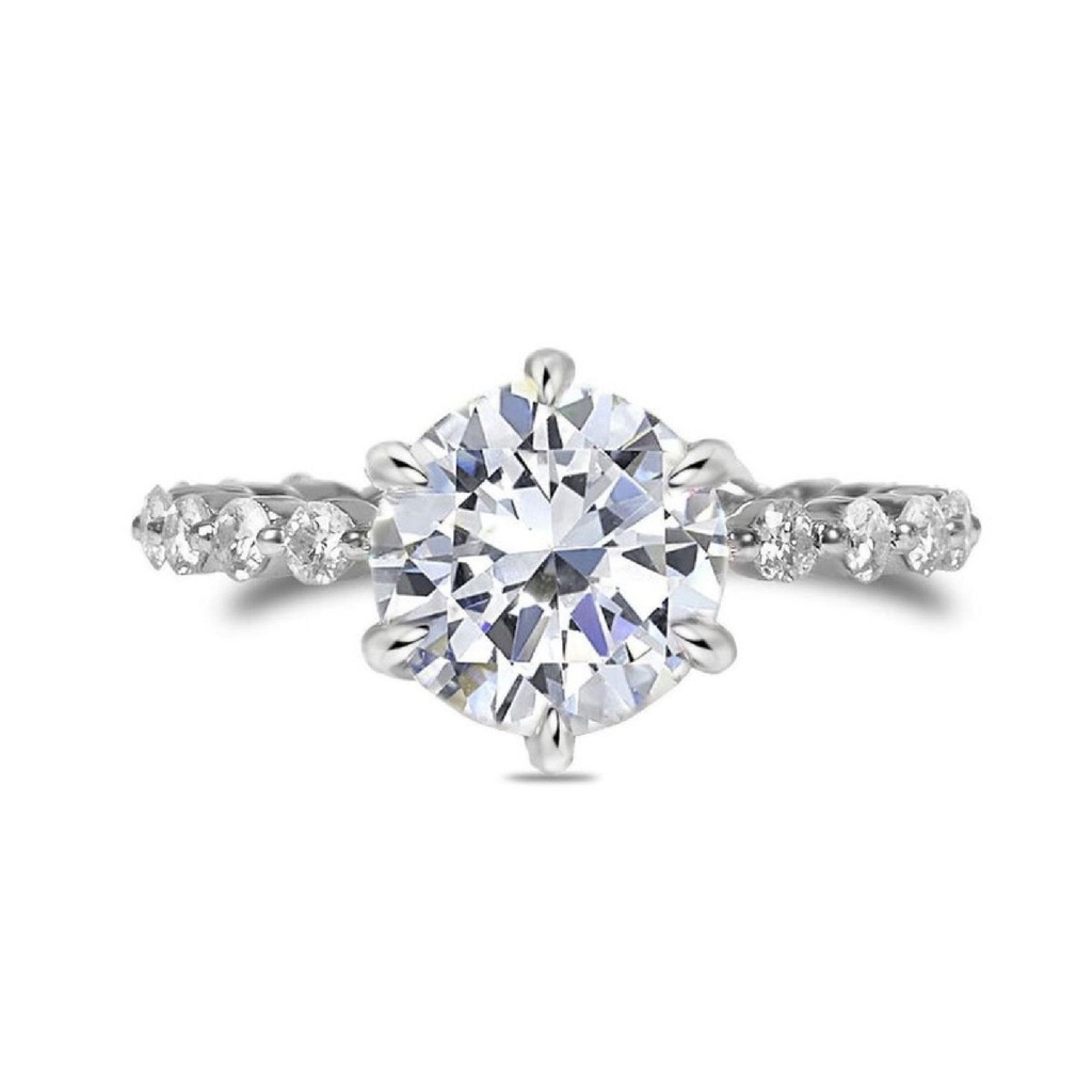  Round Cut Solitaire With Accents Six Prong Ring in 925 Sterling Silver Ring For Engagement